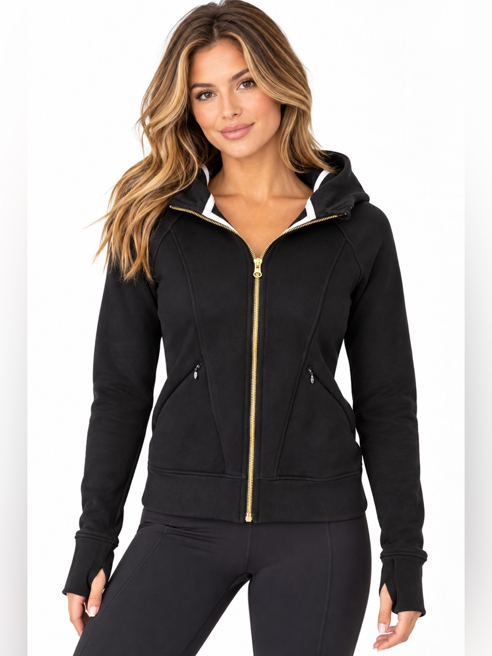 LULULEMON Scuba Hoodie Gold Zip Full Zip Jacket Thumbholes| Black | Size 4
